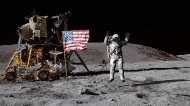 3d render. Astronot aya atlıyor ve Amerikan bayrağını selamlıyor. Cg Animasyon. Nasa tarafından döşenmiş bu görüntünün elemanları.