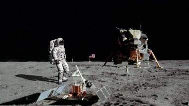 3d render. Ay'da yürüyen astronot. Cg Animasyon. Nasa tarafından döşenmiş bu görüntünün elemanları.