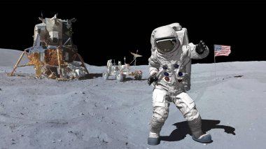 3d render. Ay'da Astronot Dansı... Cg Animasyon. Nasa tarafından döşenmiş bu görüntünün elemanları.