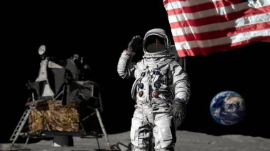 3d render. Astronot Amerikan bayrağını selamlıyor. Cg Animasyon. Nasa tarafından döşenmiş bu görüntünün elemanları.