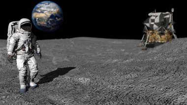 3d render. Ay'da yürüyen astronot. Cg Animasyon. Nasa tarafından döşenmiş bu görüntünün elemanları.