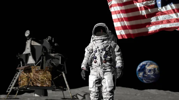 3d render. Astronot Amerikan bayrağını selamlıyor. Cg Animasyon. Nasa tarafından döşenmiş bu görüntünün elemanları.