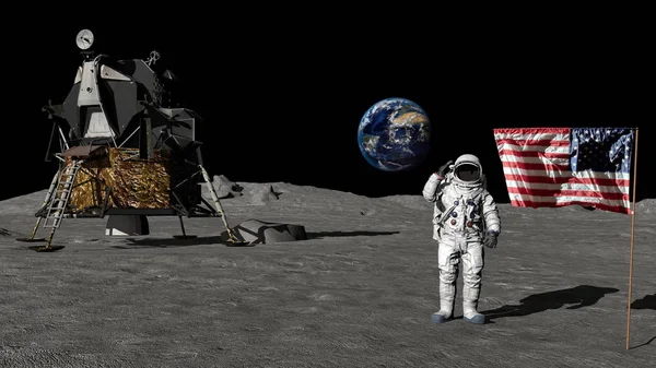 3d render. Astronot Amerikan bayrağını selamlıyor. Cg Animasyon. Nasa tarafından döşenmiş bu görüntünün elemanları.