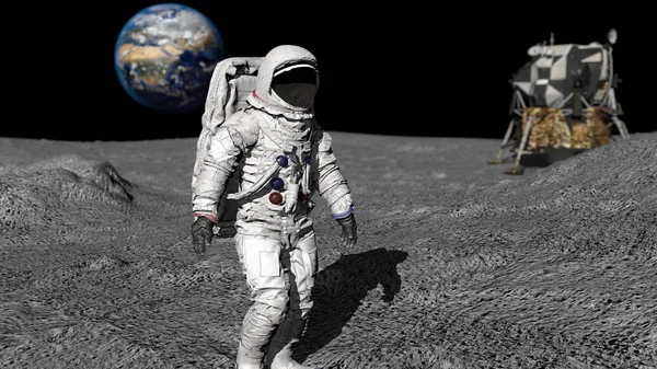 3D-рендерінг. Астронавт ходьба на місяць. CG анімація. Елементи цього образу оформлені НАСА. — стокове фото