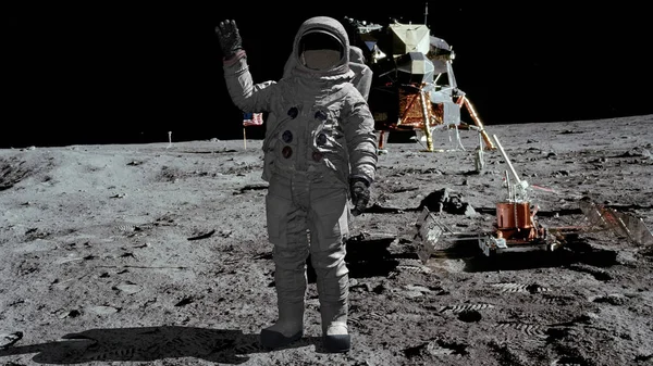 3D rendering. Astronaut walking on the moon and waving his hand. CG Animation. Elements of this image furnished by NASA. — Stock Photo, Image