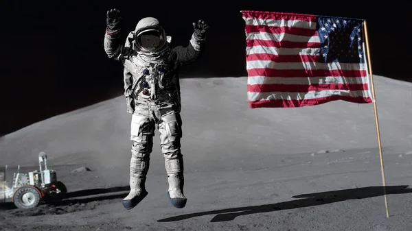 3d render. Astronot aya atlıyor ve Amerikan bayrağını selamlıyor. Cg Animasyon. Nasa tarafından döşenmiş bu görüntünün elemanları.