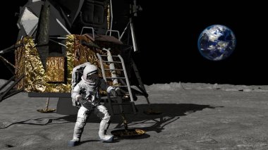 3d render. Astronot Apollo uzay aracının merdivenlerinden iner. Cg Animasyon. Nasa tarafından döşenmiş bu görüntünün elemanları.