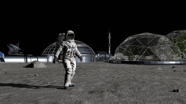 3d render. Bilim kurgu sahnesi. Ay'daki geleceğin kolonisi. Ay'da yürüyen astronot. Cg Animasyon. Nasa tarafından döşenmiş bu görüntünün elemanları.