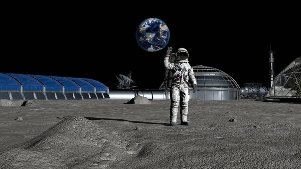3d render. Bilim kurgu sahnesi. Ay'daki geleceğin kolonisi. Ay'da yürüyen astronot. Cg Animasyon. Nasa tarafından döşenmiş bu görüntünün elemanları.