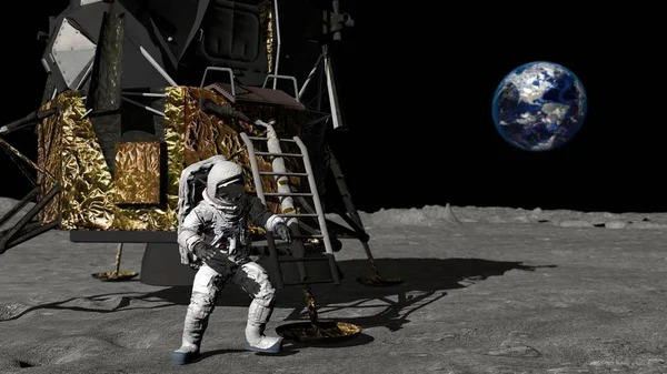 3D-Darstellung. Astronaut steigt die Treppe des Apollo-Raumschiffs hinunter. cg-Animation. Elemente dieses Bildes von der nasa. — Stockfoto