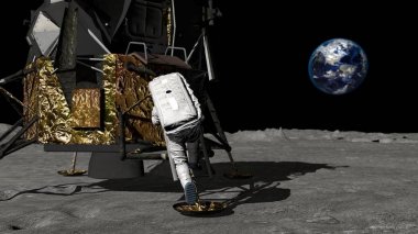 3d render. Astronot Apollo uzay aracının merdivenlerinden iner. Cg Animasyon. Nasa tarafından döşenmiş bu görüntünün elemanları.