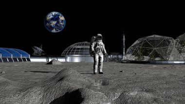 3d render. Bilim kurgu sahnesi. Ay'daki geleceğin kolonisi. Ay'da yürüyen astronot. Cg Animasyon. Nasa tarafından döşenmiş bu görüntünün elemanları.