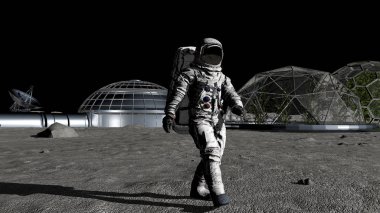 3d render. Bilim kurgu sahnesi. Ay'daki geleceğin kolonisi. Ay'da yürüyen astronot. Cg Animasyon. Nasa tarafından döşenmiş bu görüntünün elemanları.