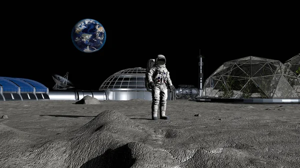 Renderowanie 3D. Sceny Sci-Fi. Kolonia przyszłości na Księżycu. Astronauta chodzenie na Księżycu. Animacja CG. Elementy tego obrazu dostarczone przez NASA. — Zdjęcie stockowe