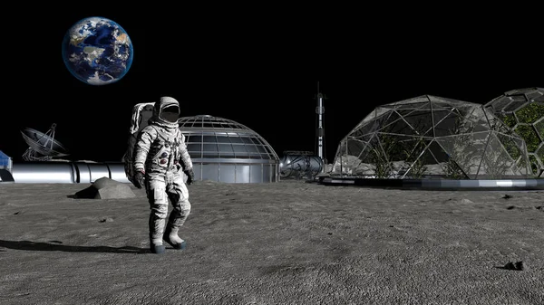 3d render. Bilim kurgu sahnesi. Ay'daki geleceğin kolonisi. Ay'da yürüyen astronot. Cg Animasyon. Nasa tarafından döşenmiş bu görüntünün elemanları.