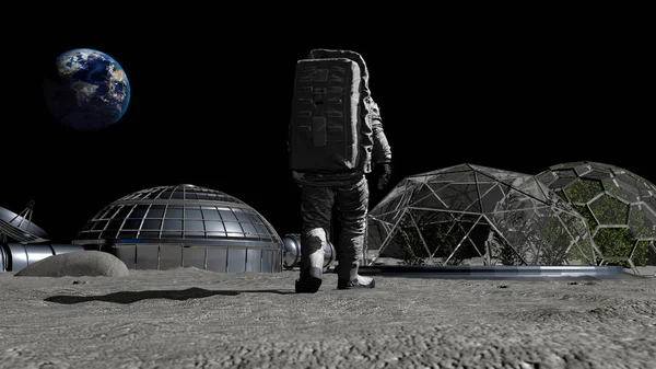 3D レンダリング。SFシーン。月の未来の植民地月面を歩く宇宙飛行士Cgアニメーション。この画像の要素は、NASAによって提供. — ストック写真