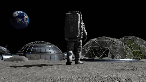 3d render. Bilim kurgu sahnesi. Ay'daki geleceğin kolonisi. Ay'da yürüyen astronot. Cg Animasyon. Nasa tarafından döşenmiş bu görüntünün elemanları.