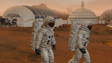3d render. Mars'taki koloni. Mars'ın Yüzeyinde Yürüyen Uzay Giysisi Giyen İki Astronot.