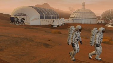 3d render. Mars'taki koloni. Mars'ın Yüzeyinde Yürüyen Uzay Giysisi Giyen İki Astronot.