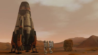3d render. Mars'taki koloni. Mars'ın yüzeyinde yürüyen iki astronot. Mars'a görev keşfetmek. Fütüristik Kolonizasyon ve Uzay Keşif Konsepti.