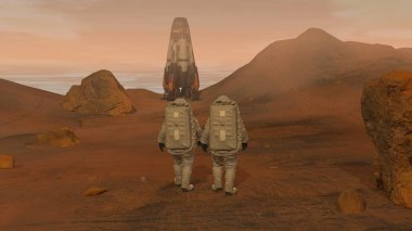 3d render. Mars'taki koloni. Mars'ın Yüzeyinde Yürüyen Uzay Giysisi Giyen İki Astronot.
