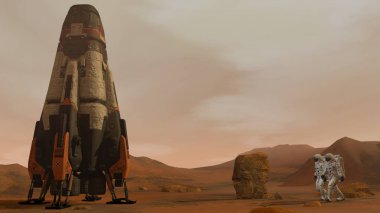 3d render. Mars'taki koloni. Mars'ın yüzeyinde yürüyen iki astronot. Mars'a görev keşfetmek. Fütüristik Kolonizasyon ve Uzay Keşif Konsepti.