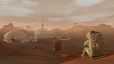 3d render. Mars'taki koloni. Astronot Mars'ta oturuyor ve manzaraya hayran. Mars'a görev keşfetmek. Fütüristik Kolonizasyon ve Uzay Keşif Konsepti.