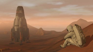 3d render. Mars'taki koloni. Astronot Mars'ta oturuyor ve manzaraya hayran. Mars'a görev keşfetmek. Fütüristik Kolonizasyon ve Uzay Keşif Konsepti.
