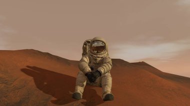 3d render. Mars'taki koloni. Astronot Mars'ta oturuyor ve manzaraya hayran. Mars'a görev keşfetmek. Fütüristik Kolonizasyon ve Uzay Keşif Konsepti.