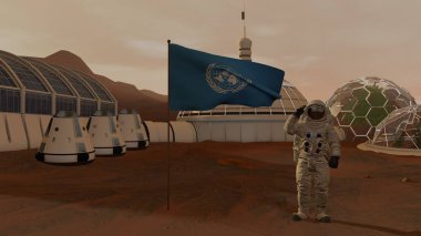 3d render. Mars'taki koloni. Astronot Bm bayrağını selamlıyor. Mars'a görev keşfetmek. Fütüristik Kolonizasyon ve Uzay Keşif Konsepti.