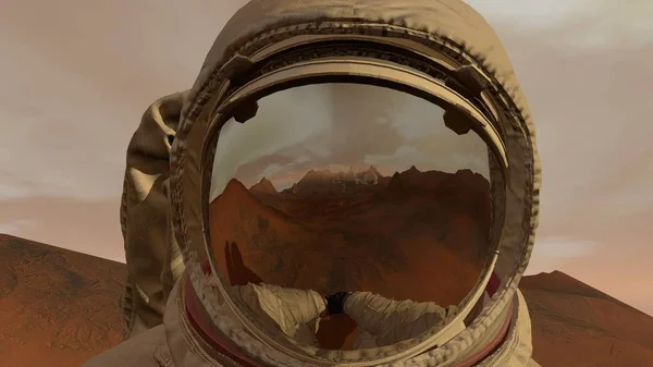 3D-рендерінг. Колонії на Марсі. Астронавт сидить на Марсі і милуючись пейзажами. Вивчення місії на Марс. Туристична колонізація та концепція космічного дослідження. — стокове фото
