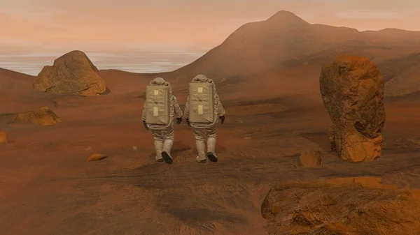 3d render. Mars'taki koloni. Mars'ın Yüzeyinde Yürüyen Uzay Giysisi Giyen İki Astronot. — Stok fotoğraf