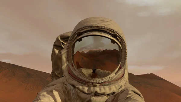 Rendering 3D. Colonia su Marte. Astronauta seduto su Marte e ammirando il paesaggio. Missione esplorativa su Marte. Colonizzazione futuristica e concetto di esplorazione dello spazio . — Foto Stock