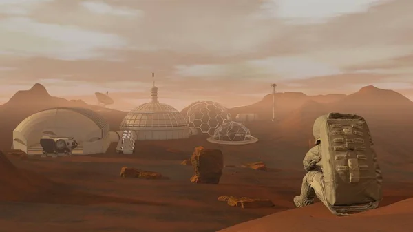3d render. Mars'taki koloni. Astronot Mars'ta oturuyor ve manzaraya hayran. Mars'a görev keşfetmek. Fütüristik Kolonizasyon ve Uzay Keşif Konsepti.