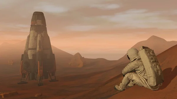Rendering 3D. Colonia su Marte. Astronauta seduto su Marte e ammirando il paesaggio. Missione esplorativa su Marte. Colonizzazione futuristica e concetto di esplorazione dello spazio . — Foto Stock