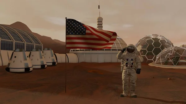 3d render. Mars'taki koloni. Astronot Amerikan bayrağını selamlıyor. Mars'a görev keşfetmek. Fütüristik Kolonizasyon ve Uzay Keşif Konsepti.