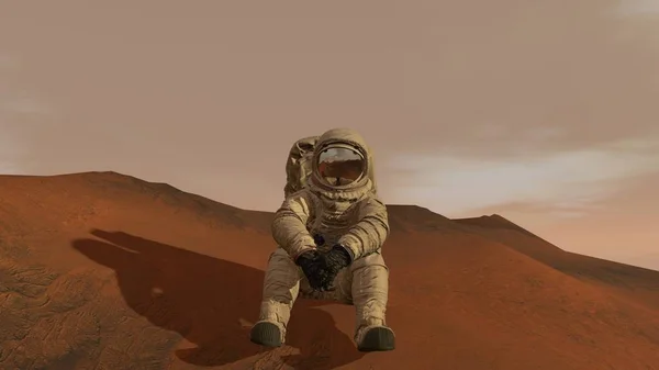 3D rendering. Colony on Mars. Astronaut sitting on Mars and admiring the scenery. Exploring Mission To Mars. Futuristic Colonization and Space Exploration Concept. — Stock Photo, Image