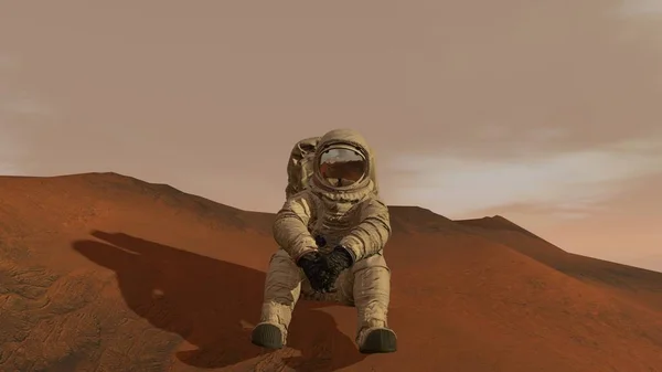 3d render. Mars'taki koloni. Astronot Mars'ta oturuyor ve manzaraya hayran. Mars'a görev keşfetmek. Fütüristik Kolonizasyon ve Uzay Keşif Konsepti.