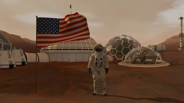 3d render. Mars'taki koloni. Astronot Amerikan bayrağını selamlıyor. Mars'a görev keşfetmek. Fütüristik Kolonizasyon ve Uzay Keşif Konsepti. — Stok fotoğraf