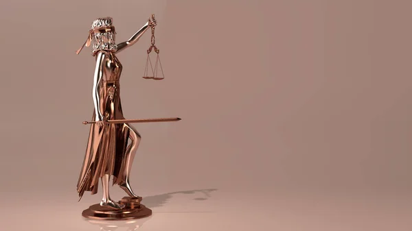 Statua Sprawiedliwości, Themis, Femida z łuskami i mieczem w rękach.3d renderowania. — Zdjęcie stockowe