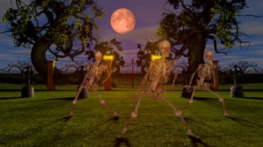 Geceleri mezarlıkta dans eden iskeletler. Cadılar Bayramı konsepti 3d oluşturma.