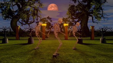 Geceleri mezarlıkta dans eden iskeletler. Cadılar Bayramı konsepti 3d oluşturma.