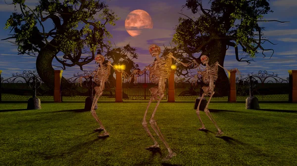 Scheletri danzanti nel cimitero di notte. Concetto Halloween. Rendering 3D . — Foto Stock