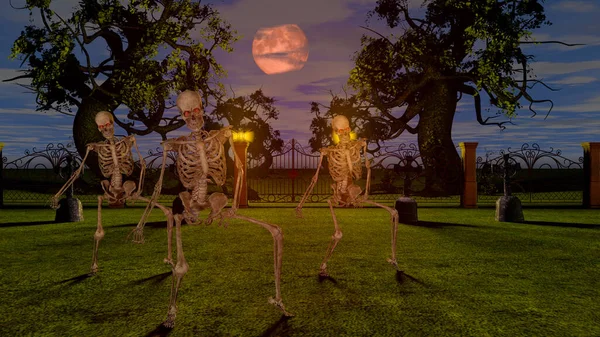 Scheletri danzanti nel cimitero di notte. Concetto Halloween. Rendering 3D . — Foto Stock