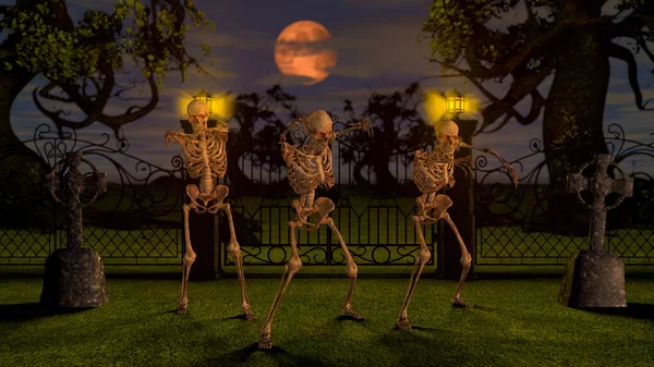 Attaccare scheletri di notte nel cimitero. Concetto Halloween. Rendering 3D . — Foto Stock