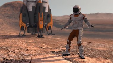 Mars kızıl gezegeninde dans eden astronot. Mars Görevi 'ni keşfediyorum. Gelecekçi Kolonileşme ve Uzay Keşfi Konsepti. Mars 'taki koloni. NASA tarafından desteklenen bu videonun elementleri