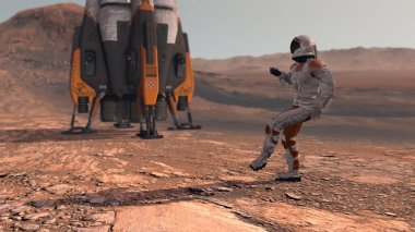 Mars kızıl gezegeninde dans eden astronot. Mars Görevi 'ni keşfediyorum. Gelecekçi Kolonileşme ve Uzay Keşfi Konsepti. Mars 'taki koloni. NASA tarafından desteklenen bu videonun elementleri