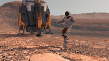 Mars kızıl gezegeninde dans eden astronot. Mars Görevi 'ni keşfediyorum. Gelecekçi Kolonileşme ve Uzay Keşfi Konsepti. Mars 'taki koloni. NASA tarafından desteklenen bu videonun elementleri