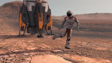 Mars kızıl gezegeninde dans eden astronot. Mars Görevi 'ni keşfediyorum. Gelecekçi Kolonileşme ve Uzay Keşfi Konsepti. Mars 'taki koloni. NASA tarafından desteklenen bu videonun elementleri