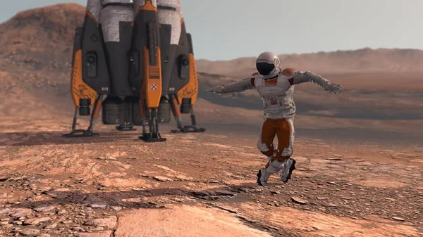 Astronaut dancing on Mars red planet. Exploring Mission To Mars. Futuristic Colonization and Space Exploration Concept. Colony on Mars. Elements of this video furnished by NASA
